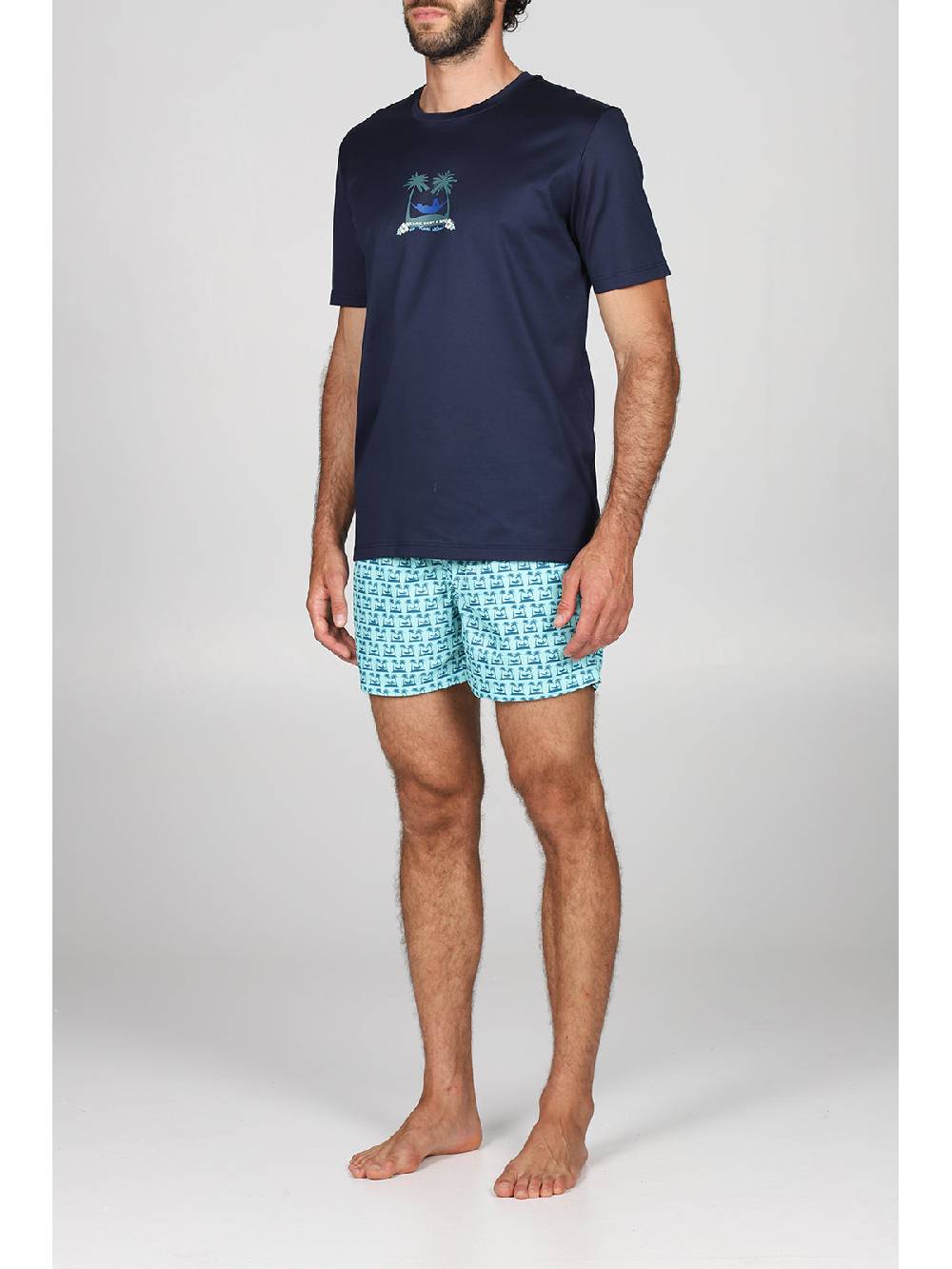 Julipet T-shirt in jersey di puro cotone blu, con stampa piazzata "palme" Pezzi Unici
