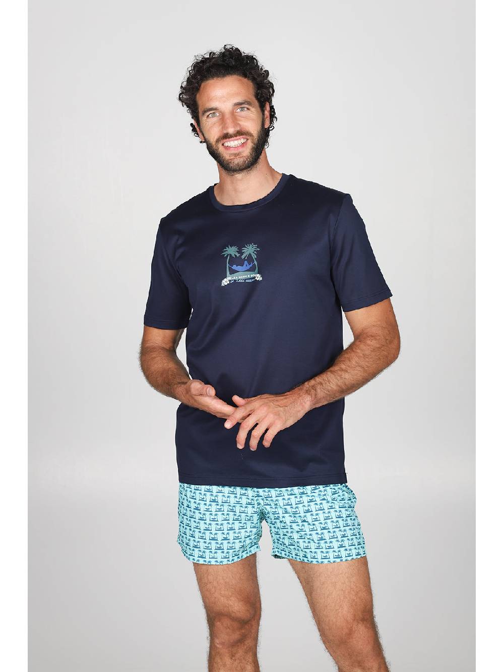 Julipet T-shirt in jersey di puro cotone blu, con stampa piazzata "palme" Pezzi Unici