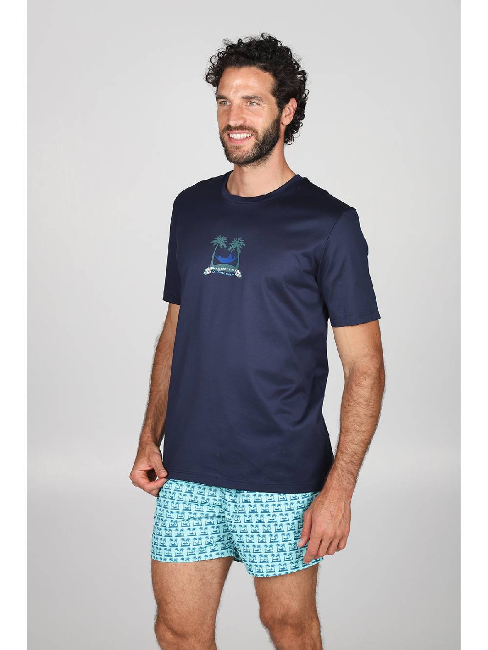 Julipet T-shirt in jersey di puro cotone blu, con stampa piazzata "palme" Pezzi Unici