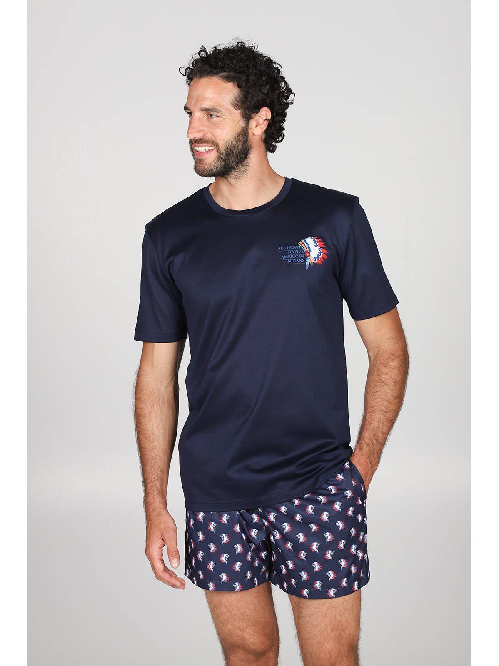 Julipet T-shirt in jersey di puro cotone blu, con stampa piazzata "indiano" Soddisfazione Garantita