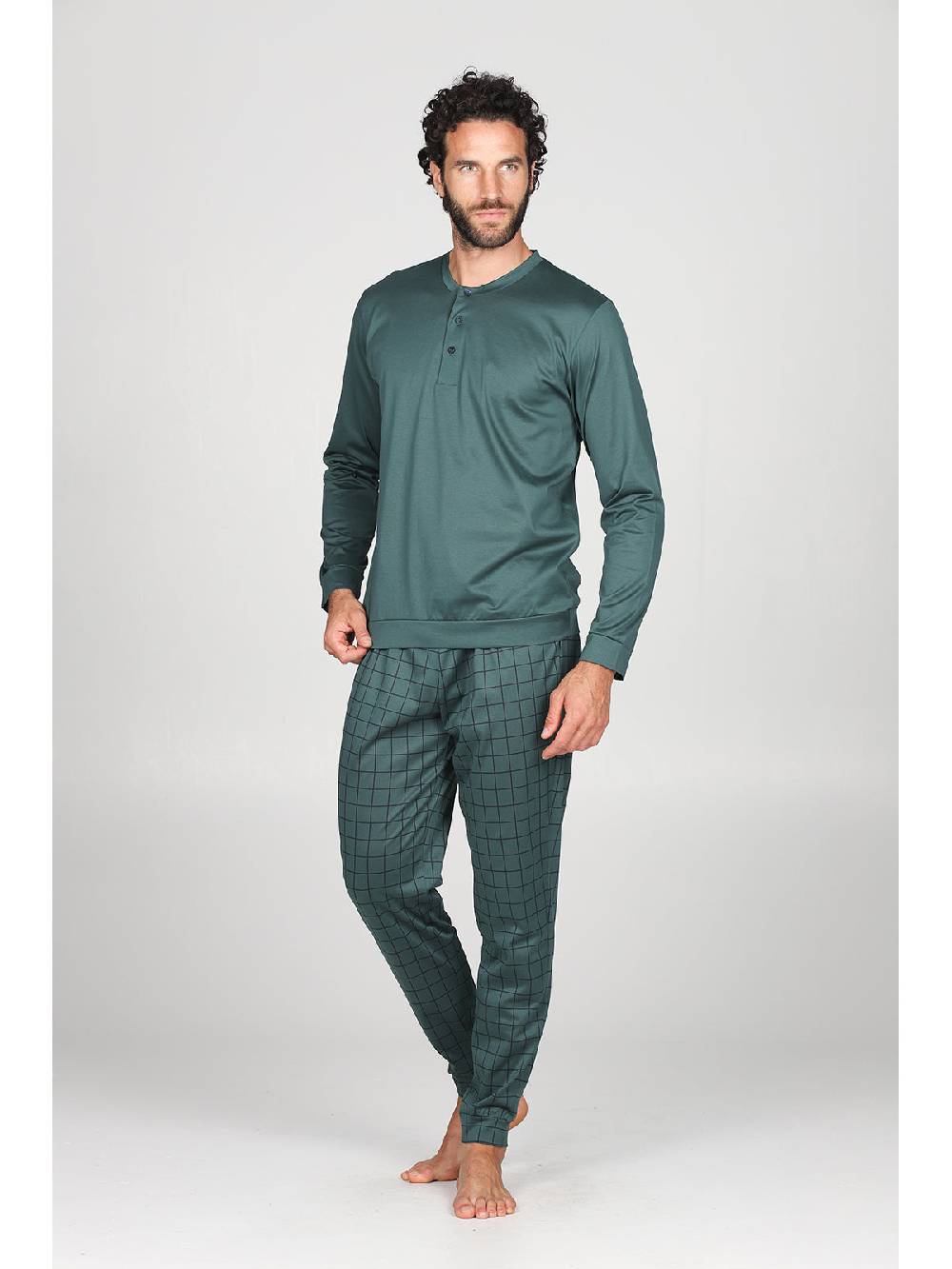 Julipet Pigiama serafino in setoso cotone mercerizzato, con fantasia a quadri nei pantaloni Moda