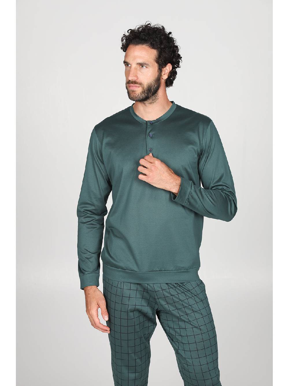 Julipet Pigiama serafino in setoso cotone mercerizzato, con fantasia a quadri nei pantaloni Moda