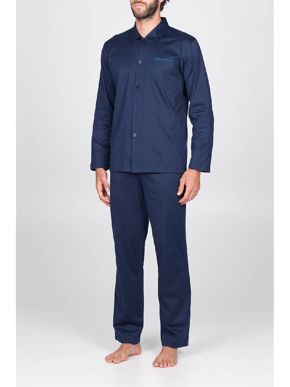 Julipet Pigiama aperto in setoso puro cotone mercerizzato blu, con colletto camicia Vendita Economica