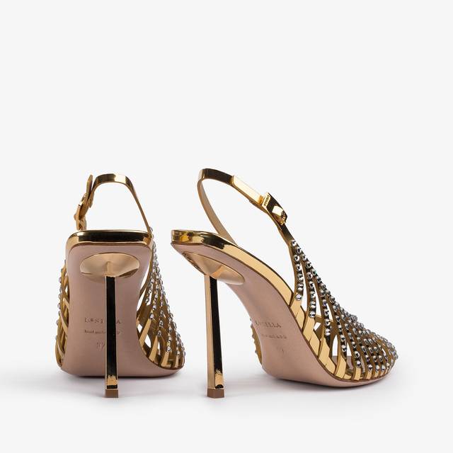 Le Silla Slingback gioiello con listini metallizzata oro pepita e Cristalli Nuova