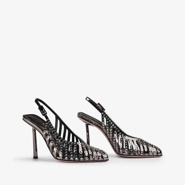 Le Silla Slingback gioiello con listini metallizzata peltro e Cristalli Moda