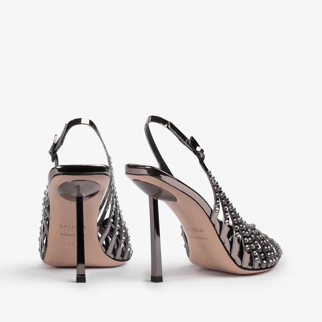 Le Silla Slingback gioiello con listini metallizzata peltro e Cristalli Moda