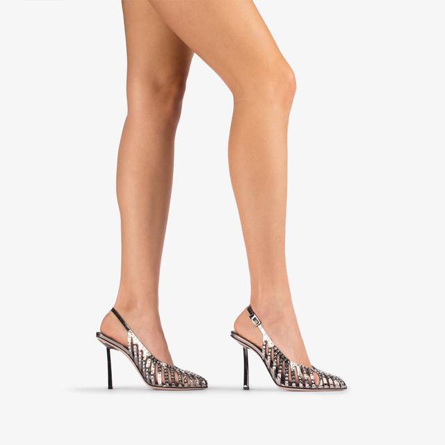 Le Silla Slingback gioiello con listini metallizzata peltro e Cristalli Moda