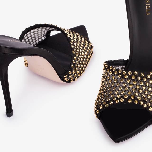 Le Silla Sandalo gioiello rete nero con Cristalli oro Nuova