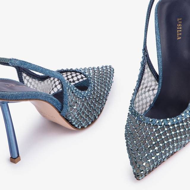 Le Silla Slingback gioiello rete blu denim In Vendita
