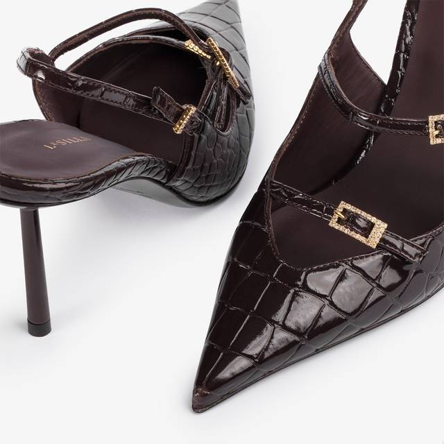Le Silla Slingback con listini stampa coccodrillo marrone fondente Vendita Economica
