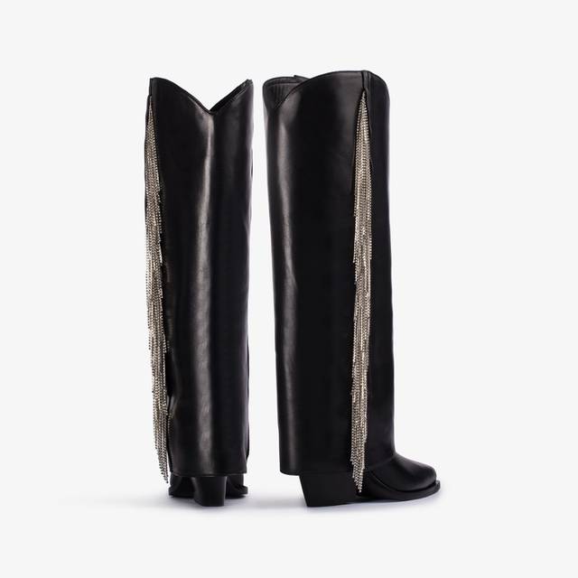 Le Silla Stivale al ginocchio d'ispirazione Western con risvolto nappa nera con frange argento Saldi Di Fabbrica