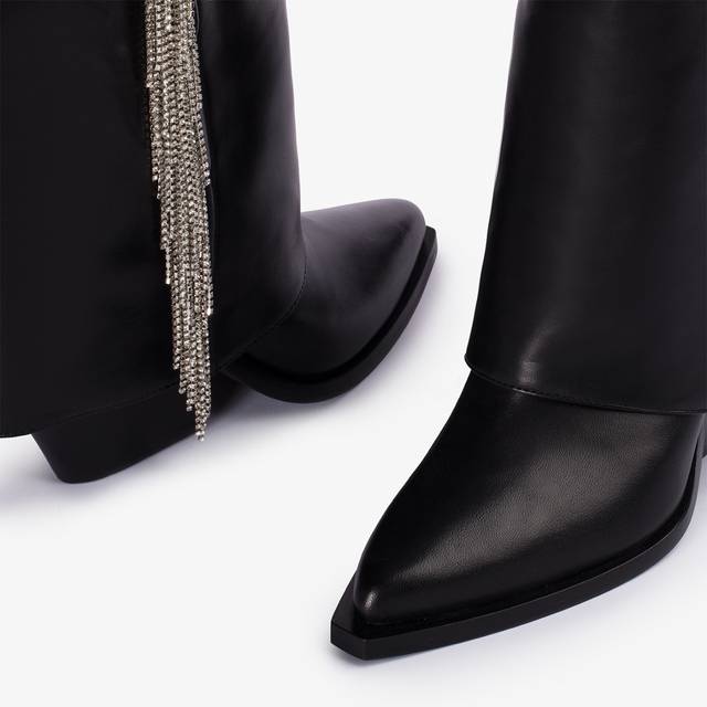 Le Silla Stivale al ginocchio d'ispirazione Western con risvolto nappa nera con frange argento Saldi Di Fabbrica