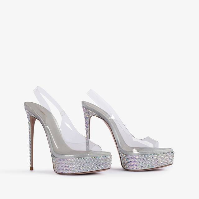 Le Silla Sandalo slingback con plateau plexy e Cristalli argento Fino al 60% di sconto