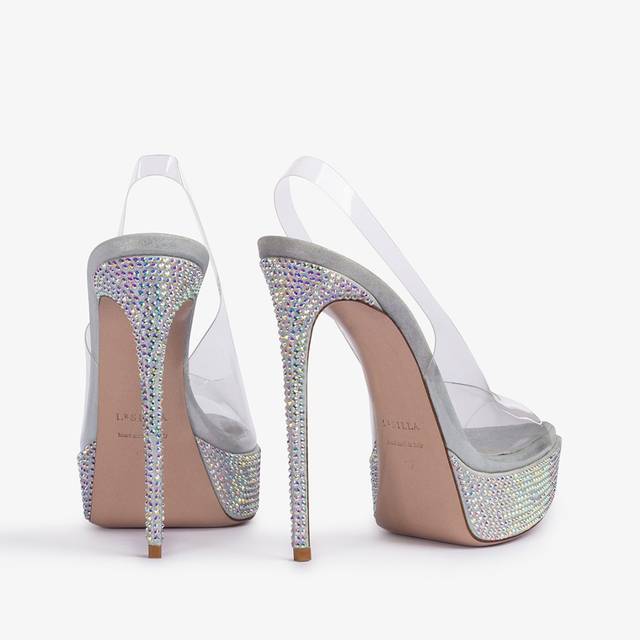 Le Silla Sandalo slingback con plateau plexy e Cristalli argento Fino al 60% di sconto