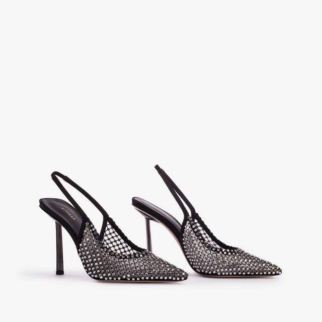 Le Silla Slingback gioiello rete nera e Cristalli argento Affare Del Giorno
