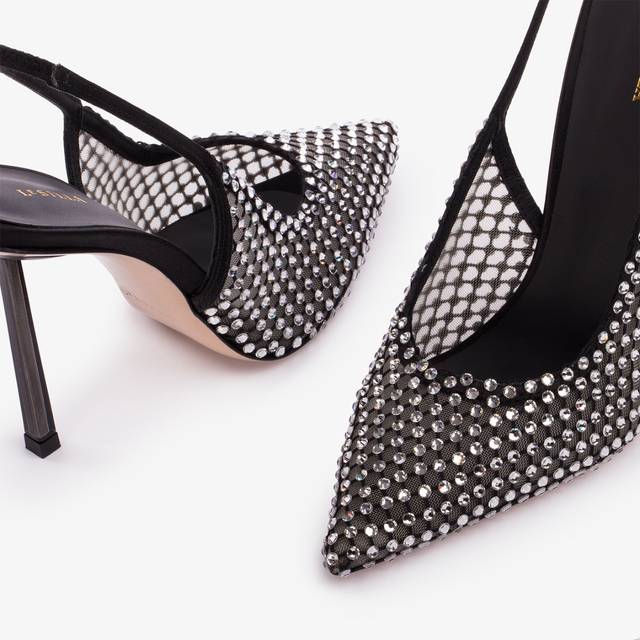Le Silla Slingback gioiello rete nera e Cristalli argento Affare Del Giorno