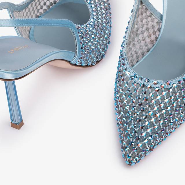 Le Silla Slingback gioiello rete azzurro cielo e Cristalli Prezzo Ridotto