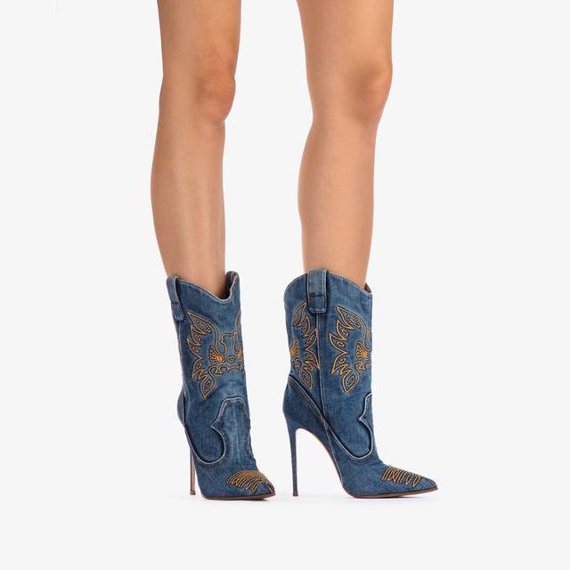 Le Silla Stivaletto d'ispirazione Western denim blu Vendita Calda