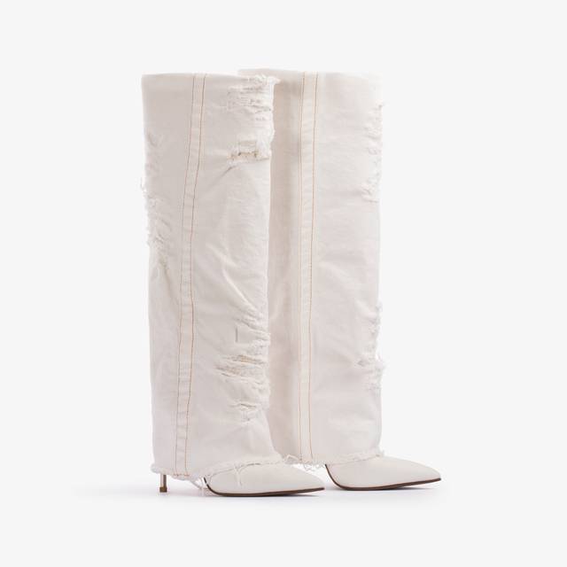 Le Silla Stivale al ginocchio con risvolto denim bianco distressed In Saldo