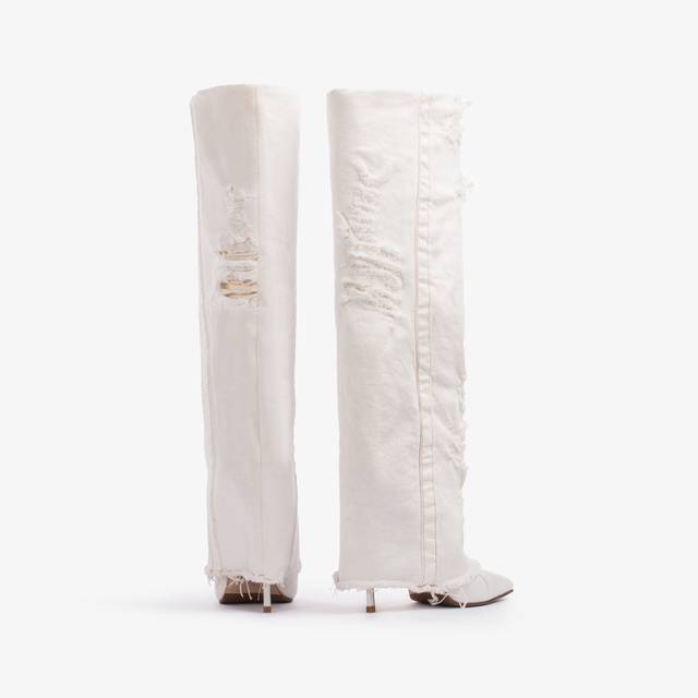 Le Silla Stivale al ginocchio con risvolto denim bianco distressed In Saldo