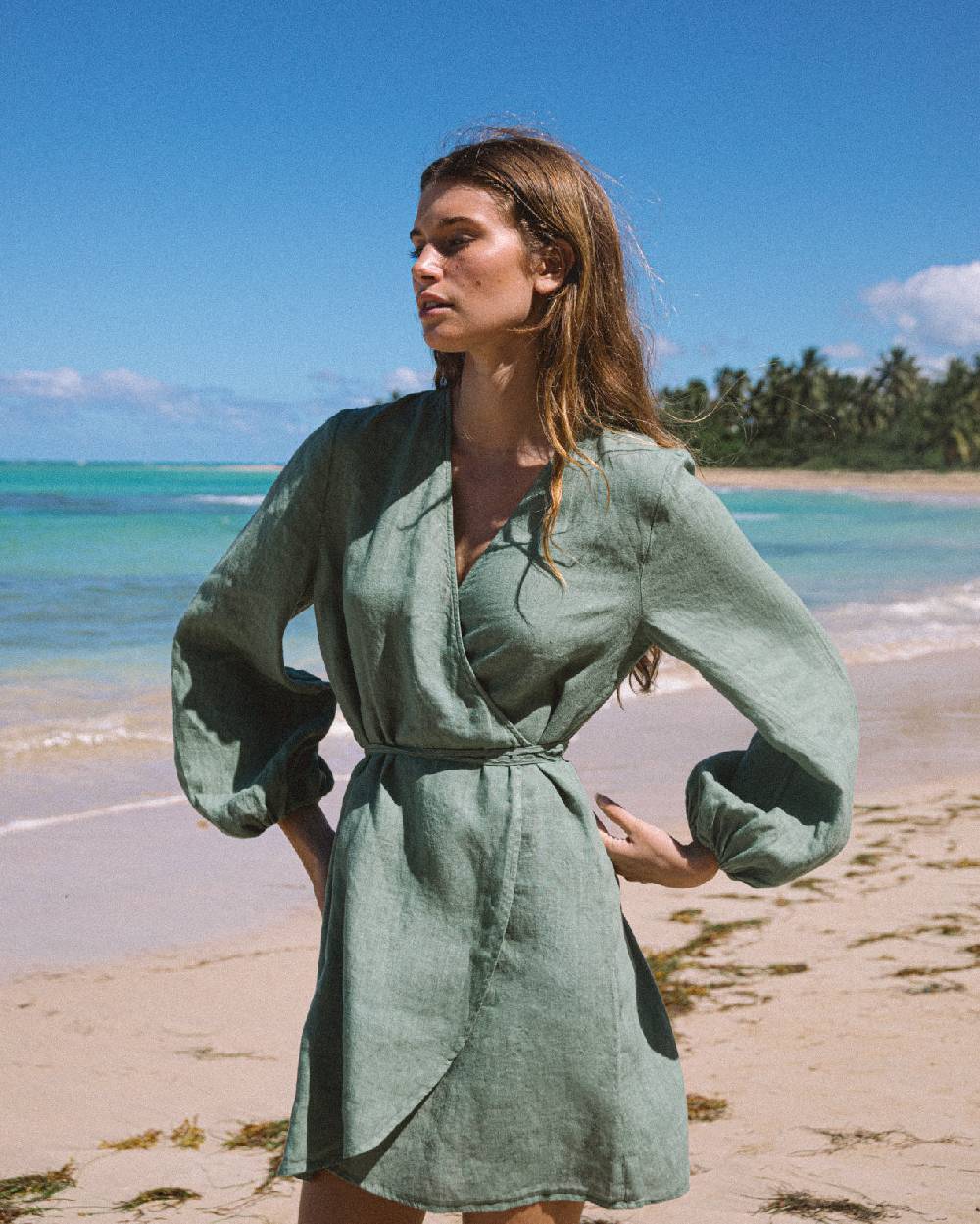 Manebí Linen Caracas Dress - Mineral Green Saldi