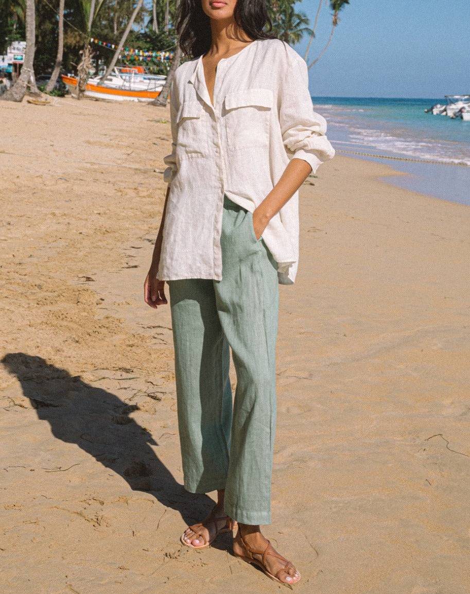 Manebí Linen Belem Trousers - Mineral Green In Saldo