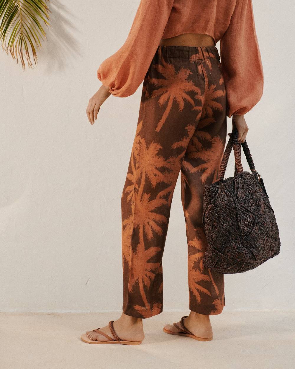 Manebí Printed Linen Belem Trousers - Cocoa And Orange Rust Maxi Palm Italy