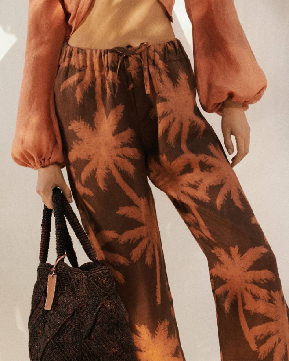 Manebí Printed Linen Belem Trousers - Cocoa And Orange Rust Maxi Palm Italy