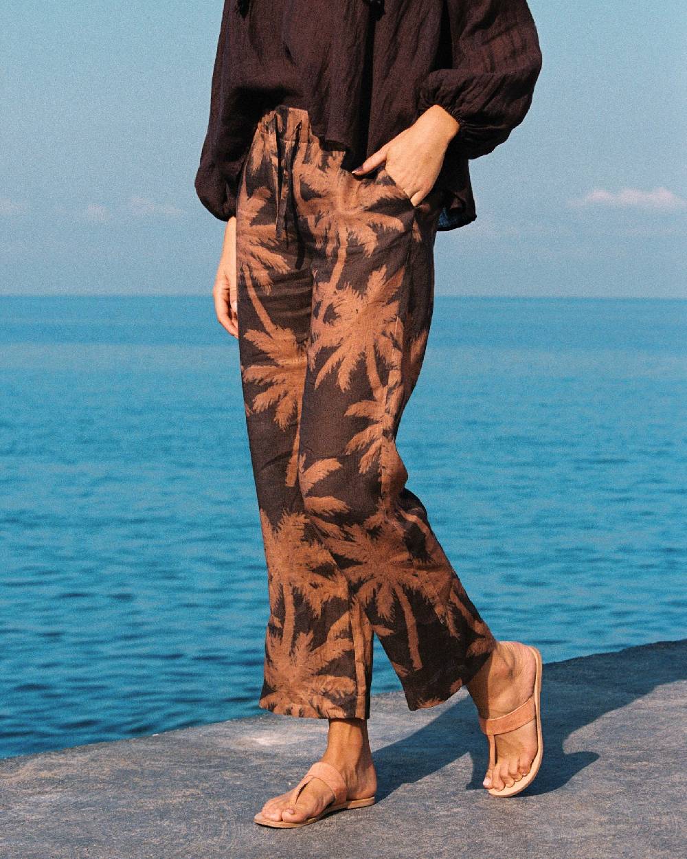 Manebí Printed Linen Belem Trousers - Cocoa And Orange Rust Maxi Palm Italy