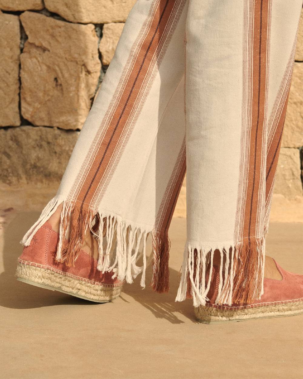 Manebí Cotton-Silk Blend Belem Trousers - Eggnog \u0026 Rust Stripes And Fringes 2025