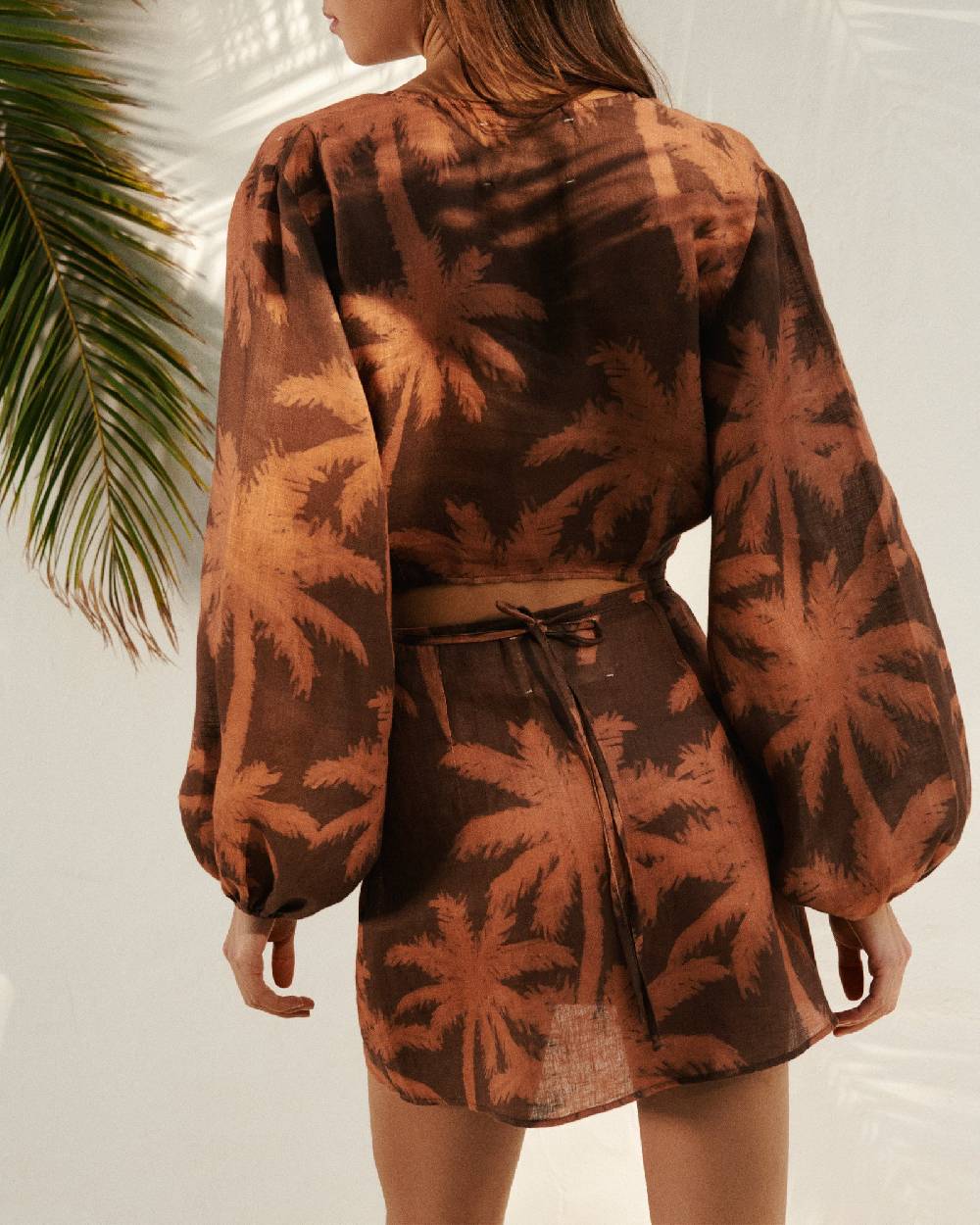 Manebí Printed Linen Antigua Top - Cocoa And Orange Rust Maxi Palm Qualità Garantita