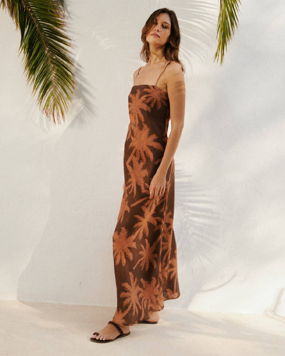 Manebí Printed Linen Cuzco Dress - Cocoa And Orange Rust Maxi Palm Negozi Online