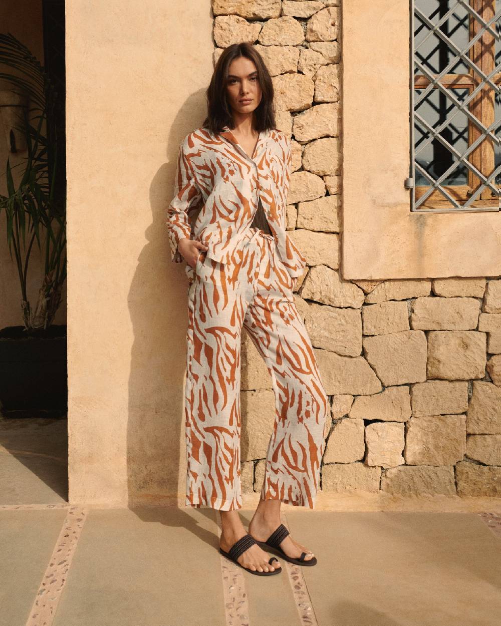 Manebí Printed Linen Belem Trousers - Eggnog \u0026 Orange Rust Zebra Shopping Online