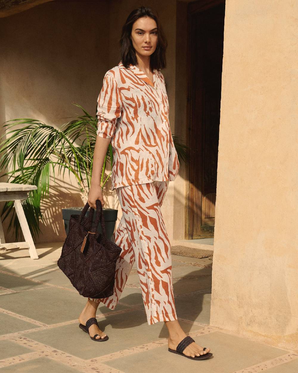 Manebí Printed Linen Belem Trousers - Eggnog \u0026 Orange Rust Zebra Shopping Online