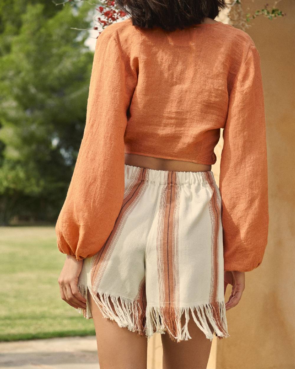Manebí Cotton Silk Blend Bora Bora Shorts - Eggnog \u0026 Rust Stripes \u0026 Fringes Affare Del Giorno