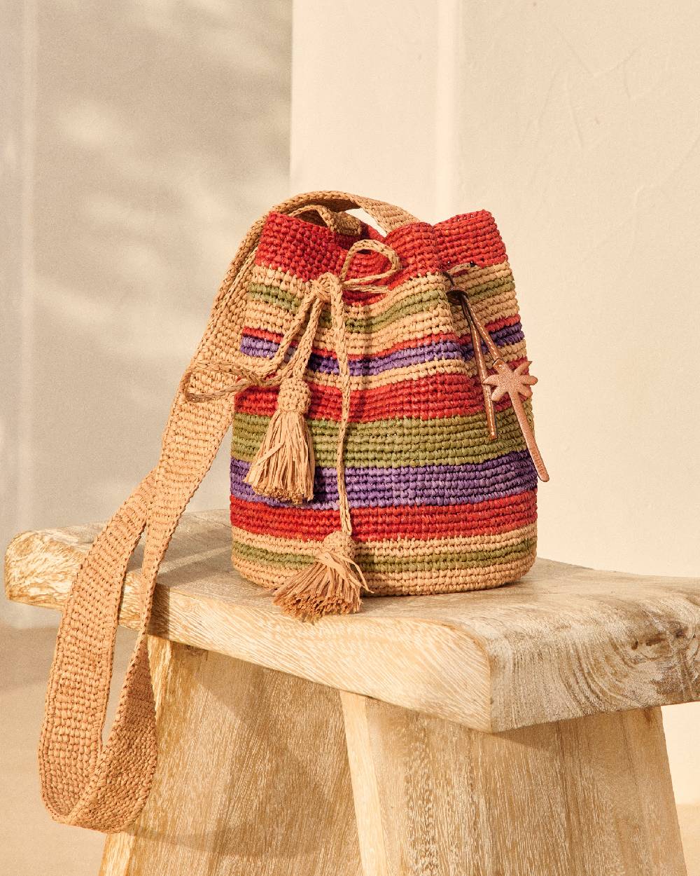 Manebí Raffia Beach Bucket - Rust Tan Mineral Green Summer Purple Stripes Nuova