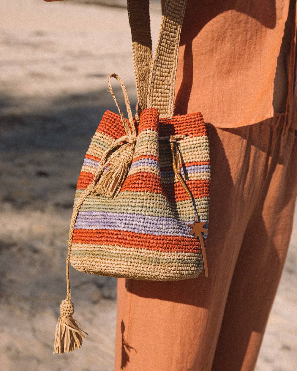 Manebí Raffia Beach Bucket - Rust Tan Mineral Green Summer Purple Stripes Nuova
