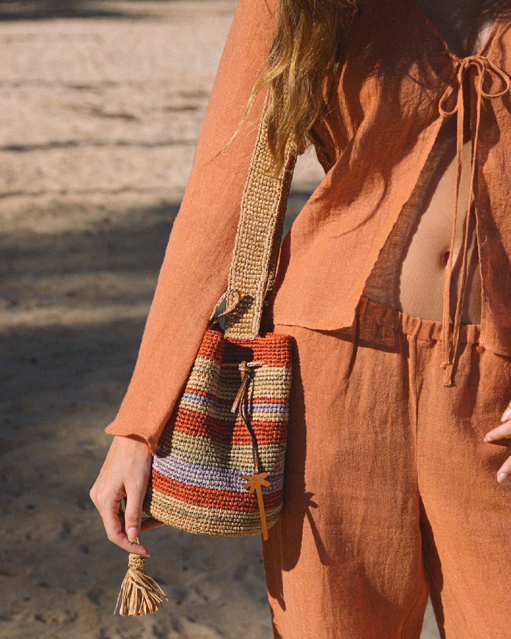 Manebí Raffia Beach Bucket - Rust Tan Mineral Green Summer Purple Stripes Nuova
