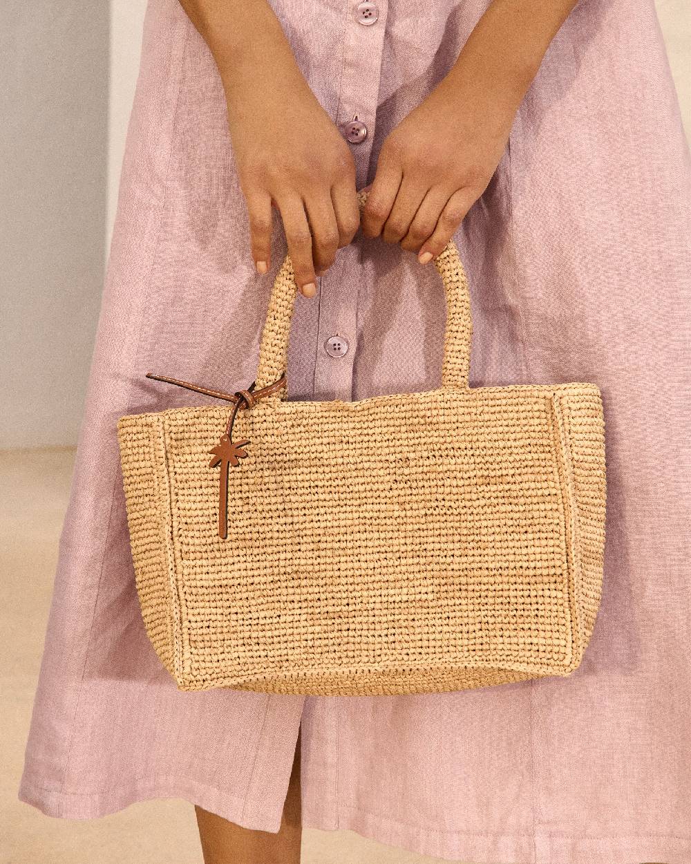 Manebí Raffia Sunset Bag Small - Palm Leather Tag Tan Italia