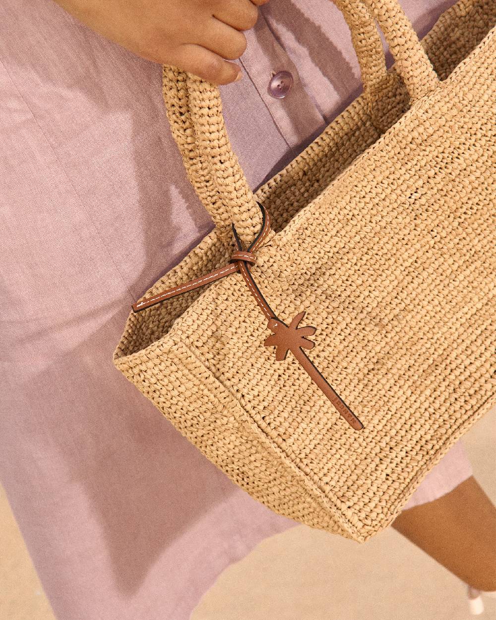 Manebí Raffia Sunset Bag Small - Palm Leather Tag Tan Italia
