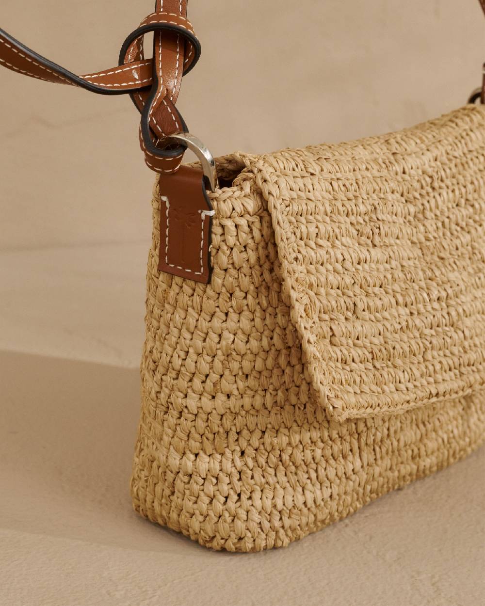 Manebí Raffia Summer Night Bag Medium - Leather Handle \u0026 Palm Leather Tag Natural and Brown In vendita