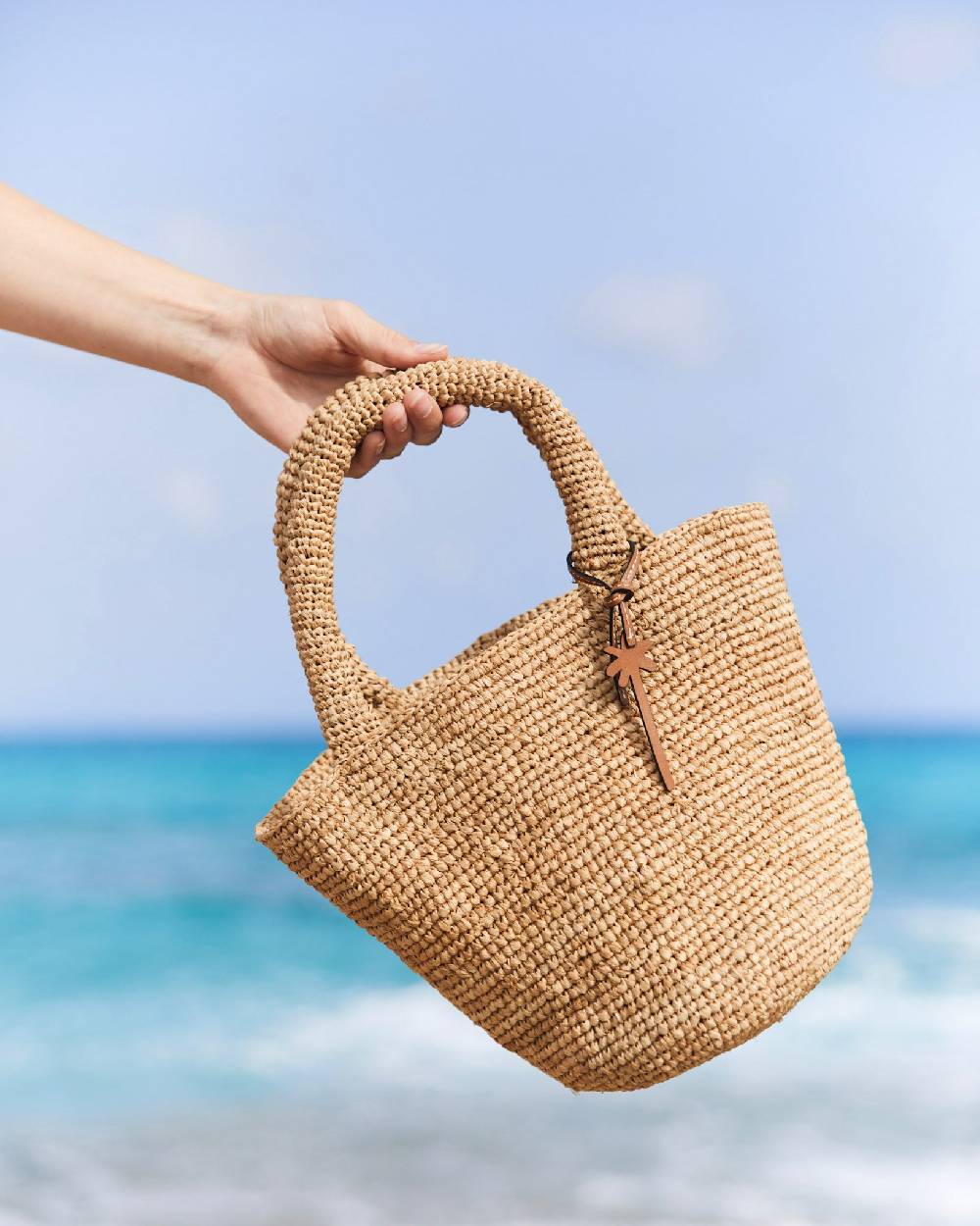 Manebí Raffia Summer Bag Medium - Palm Leather Tag Tan Pezzi Unici