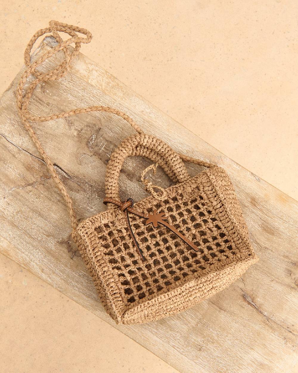 Manebí Natural Raffia Sunset|Bag Mini Net - Palm Leather Tag Tan Qualità Garantita