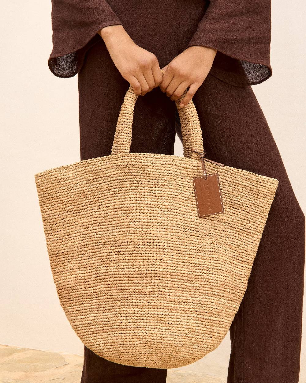 Manebí Raffia Summer Bag - Leather Handle \u0026 Palm Leather Tag Tan Negozi Online