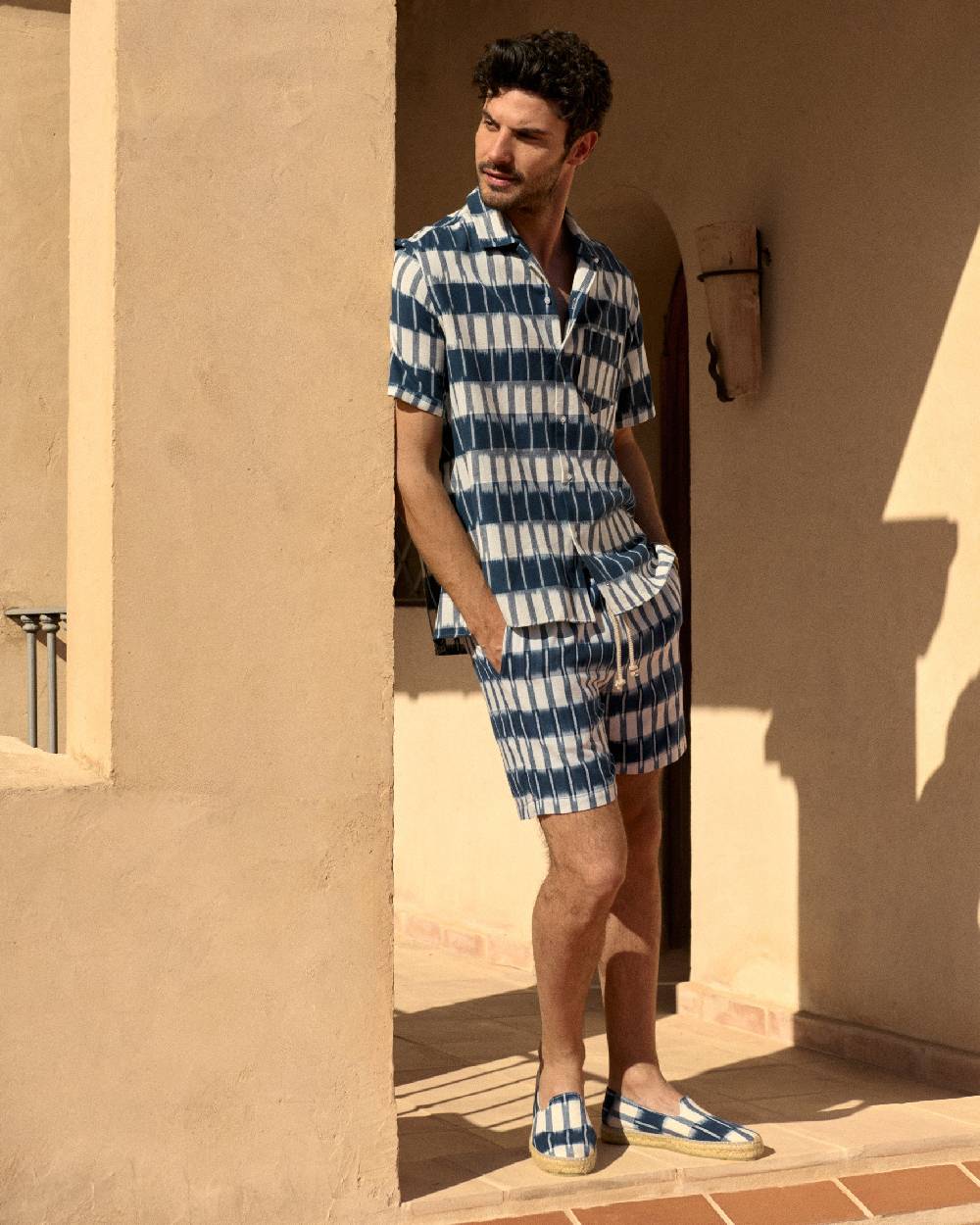 Manebí Dyed Cotton|Havana Camp-Collar Shirt - Navy Blue \u0026 Indigo Pattern Economico