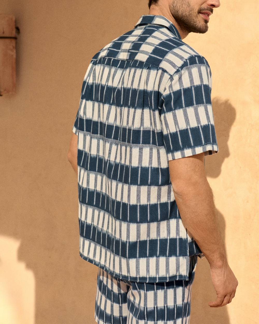 Manebí Dyed Cotton|Havana Camp-Collar Shirt - Navy Blue \u0026 Indigo Pattern Economico