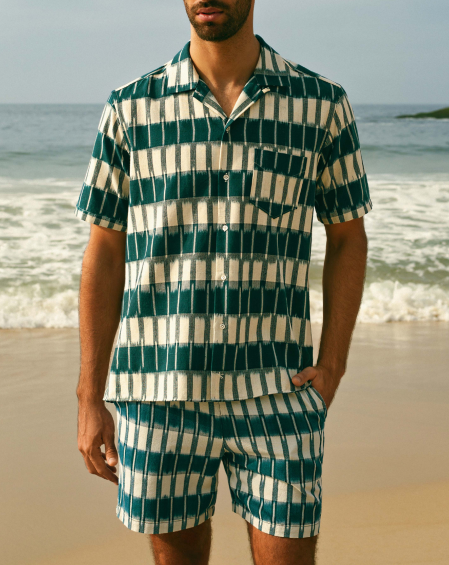 Manebí Dyed Cotton|Havana Camp-Collar Shirt - Navy Blue \u0026 Indigo Pattern Economico