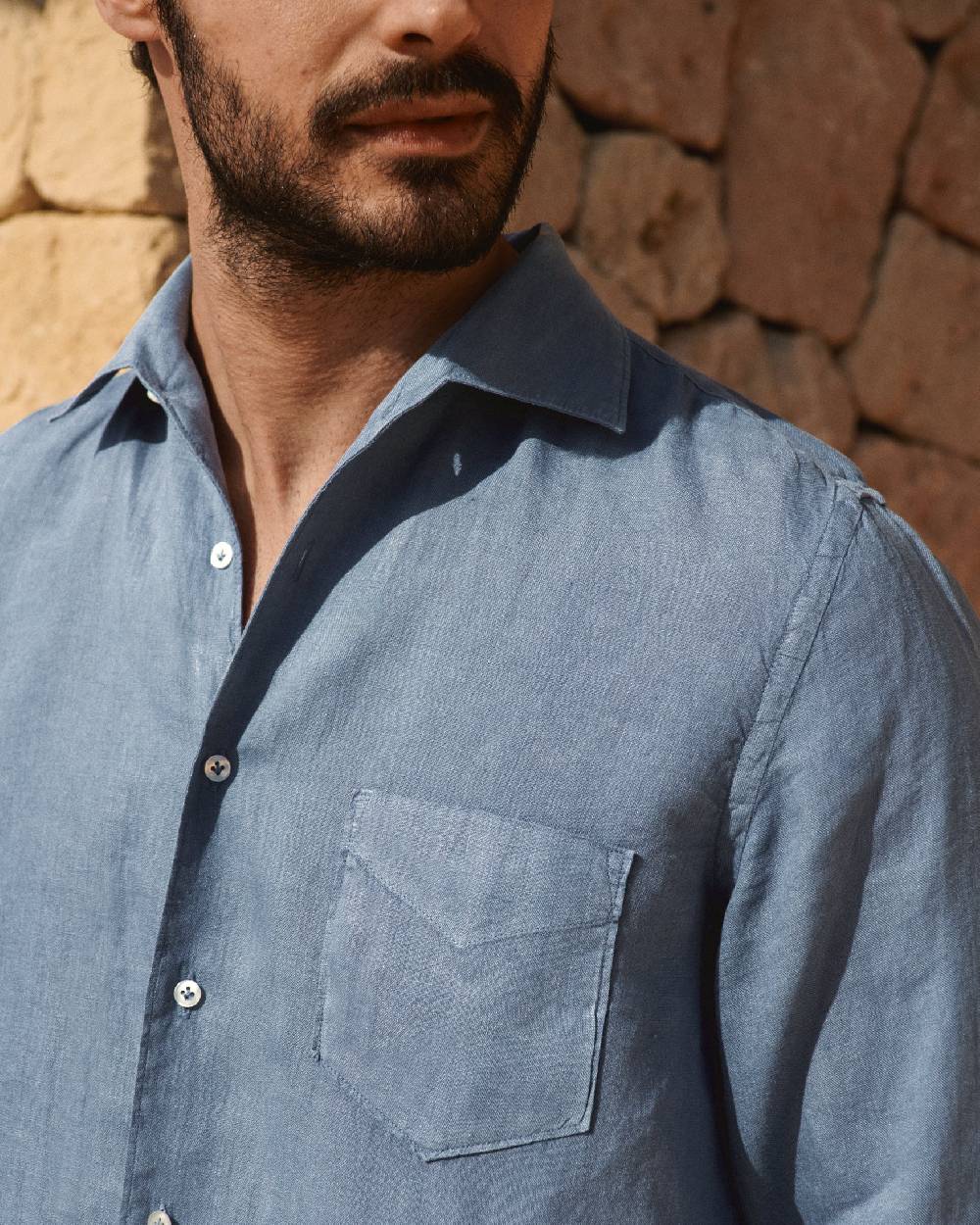 Manebí Washed Linen Panama Shirt - Embroidered Palm Navy Blue In Saldo