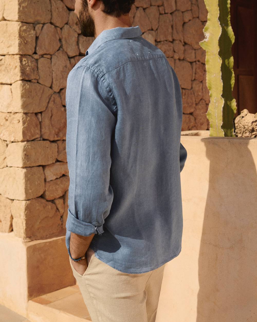 Manebí Washed Linen Panama Shirt - Embroidered Palm Navy Blue In Saldo