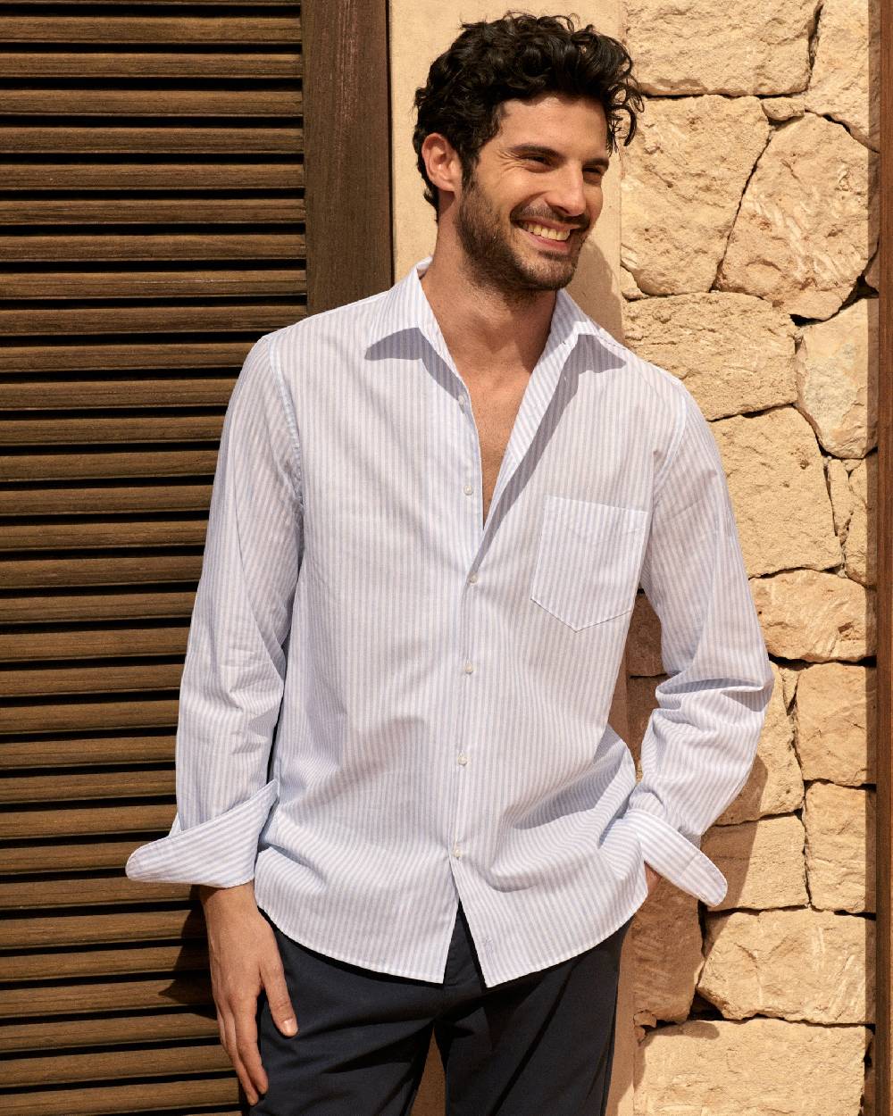 Manebí Poplin Panama Shirt - Light Blue \u0026 White Watercolor Stripes Nuovo